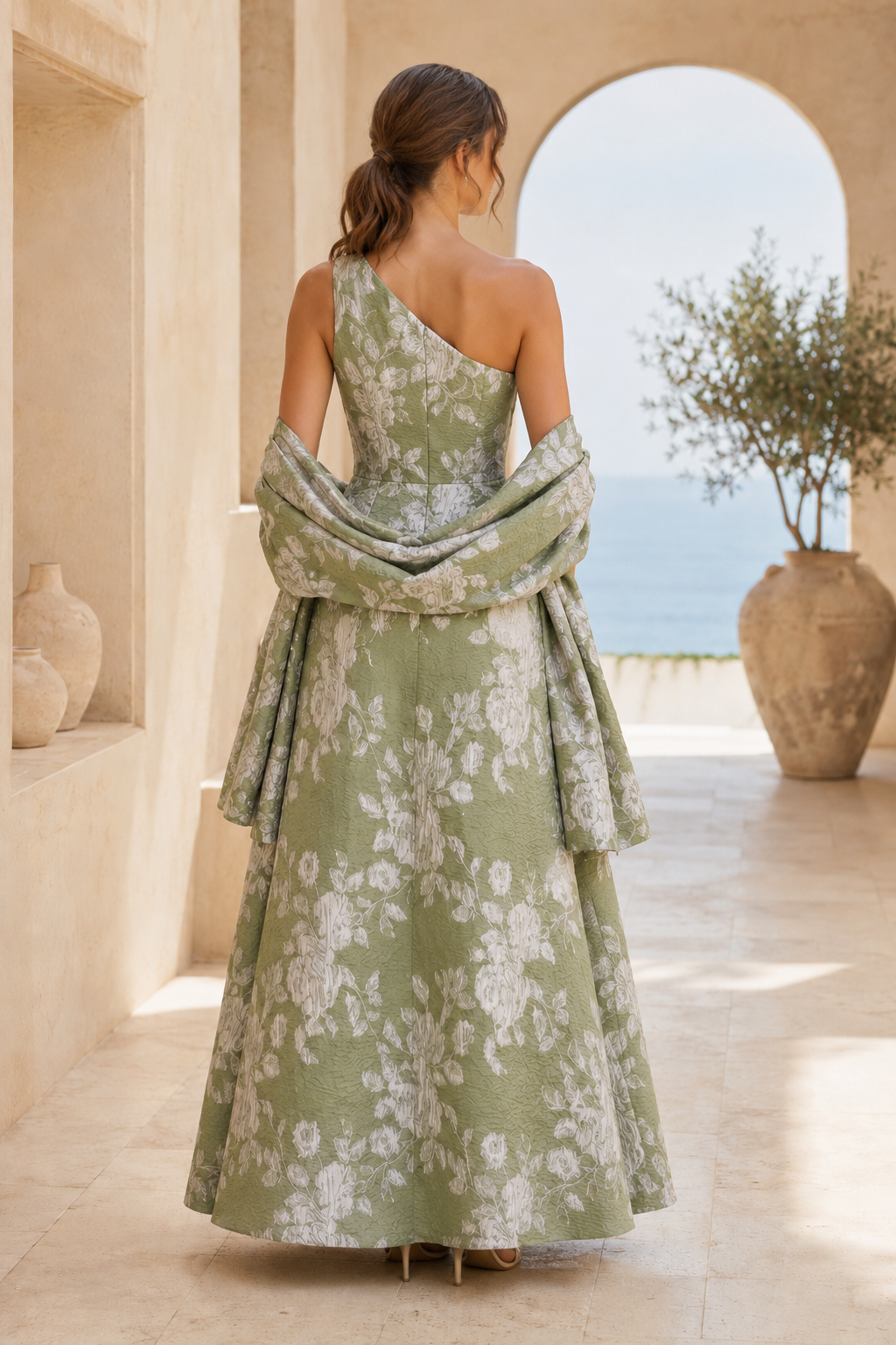 One-Shoulder Floral Jacquard A-Line Gown with Matching Shawl