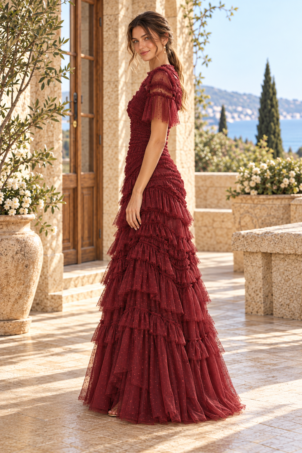 Tiered Ruffle Tulle A-Line Evening Gown