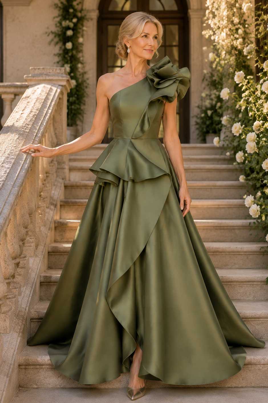 One-Shoulder Peplum A-Line Satin Gown