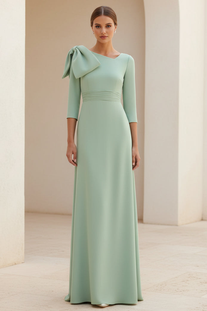 Asymmetrical Bow Shoulder 3/4 Sleeve Crepe Gown