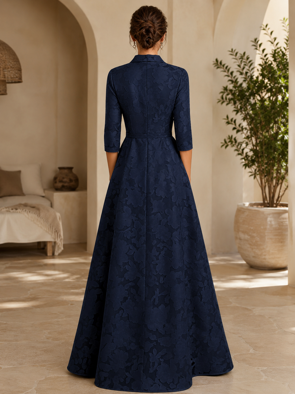 Collared V-Neck A-Line Gown with 3/4 Sleeves & Tie Belt