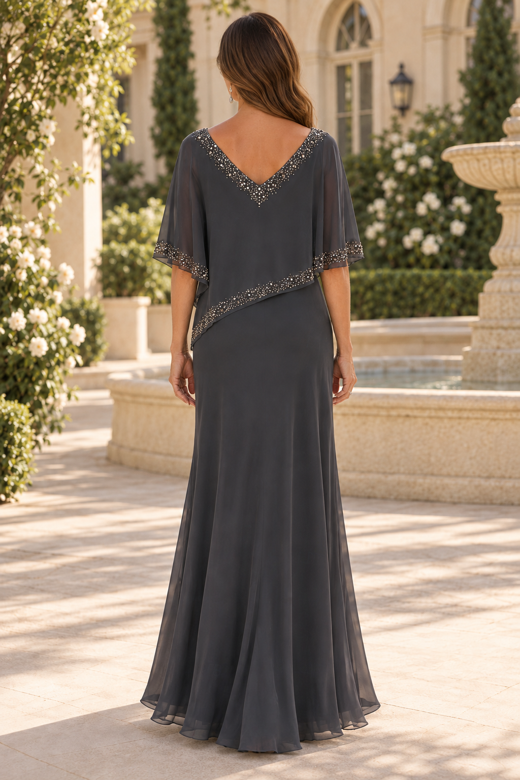 Beaded Asymmetrical Cape Evening Gown