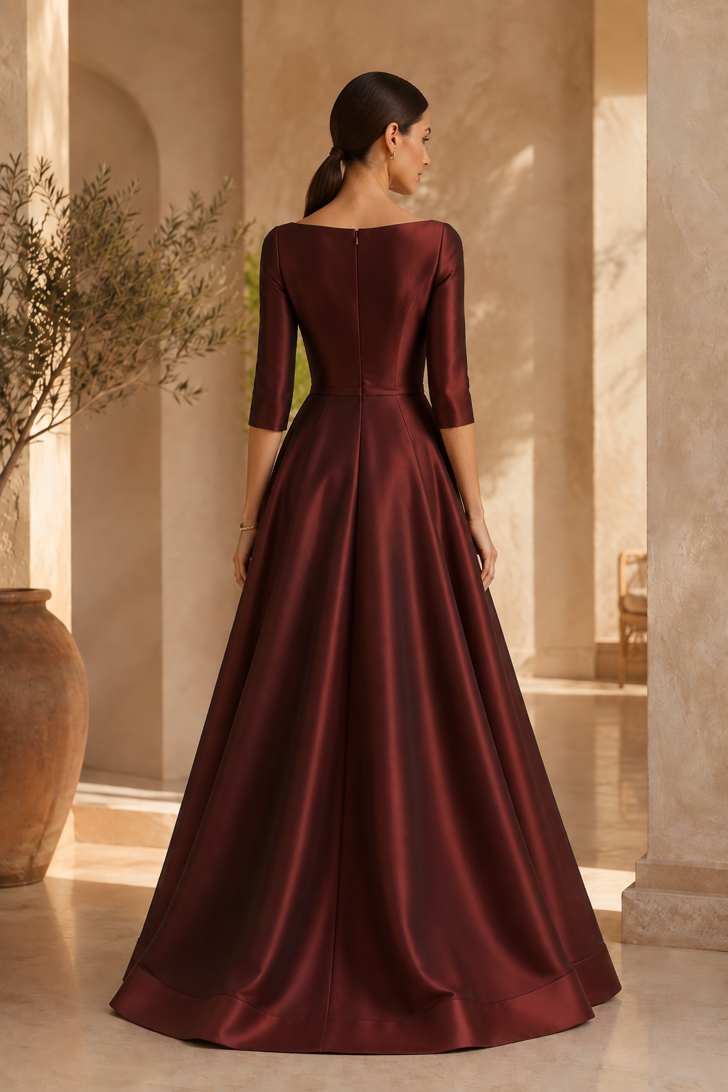 High-Low Bateau Evening Gown with 3/4 Sleeves