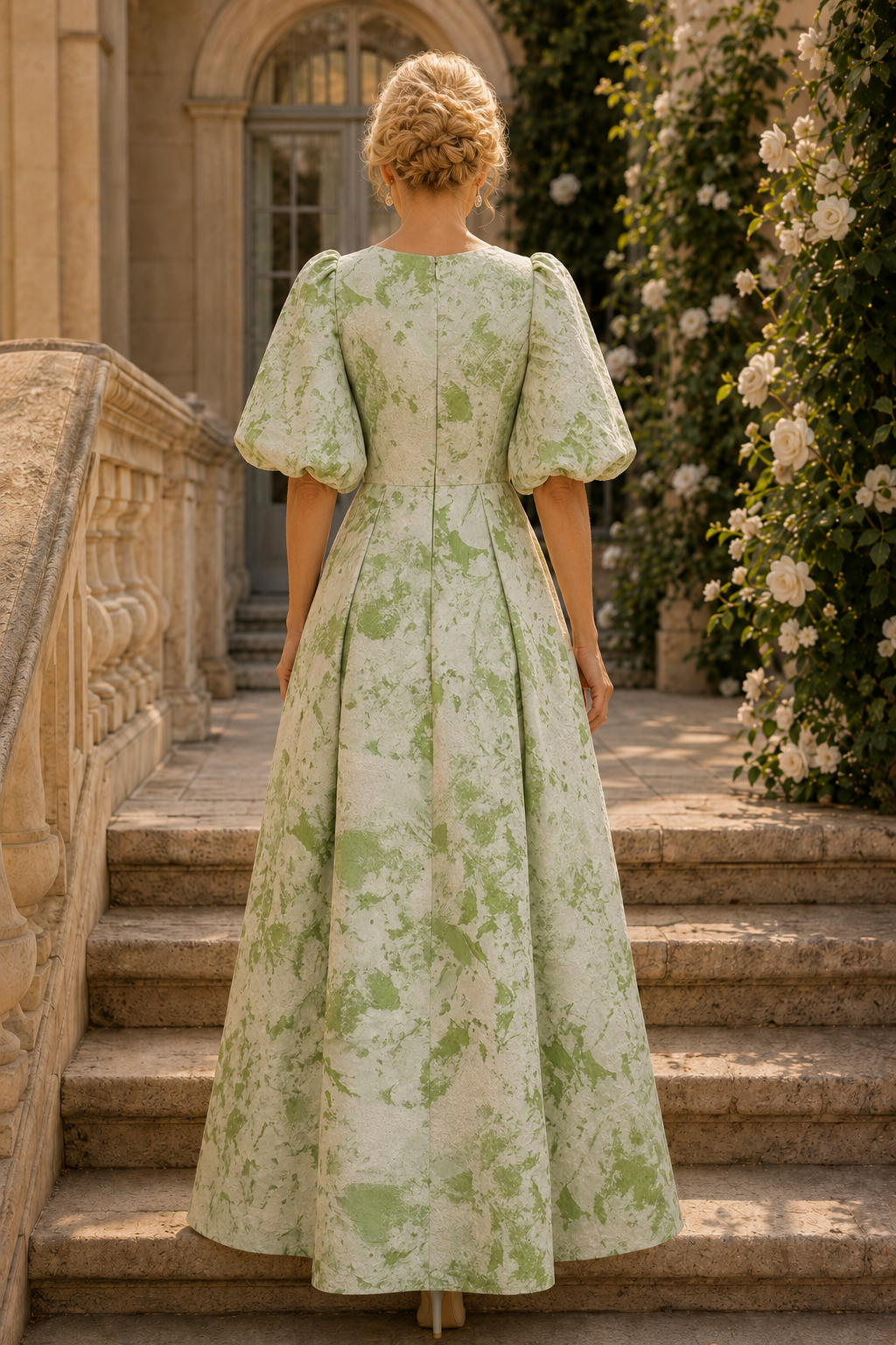 Puff Sleeve Pleated A-Line Maxi Dress