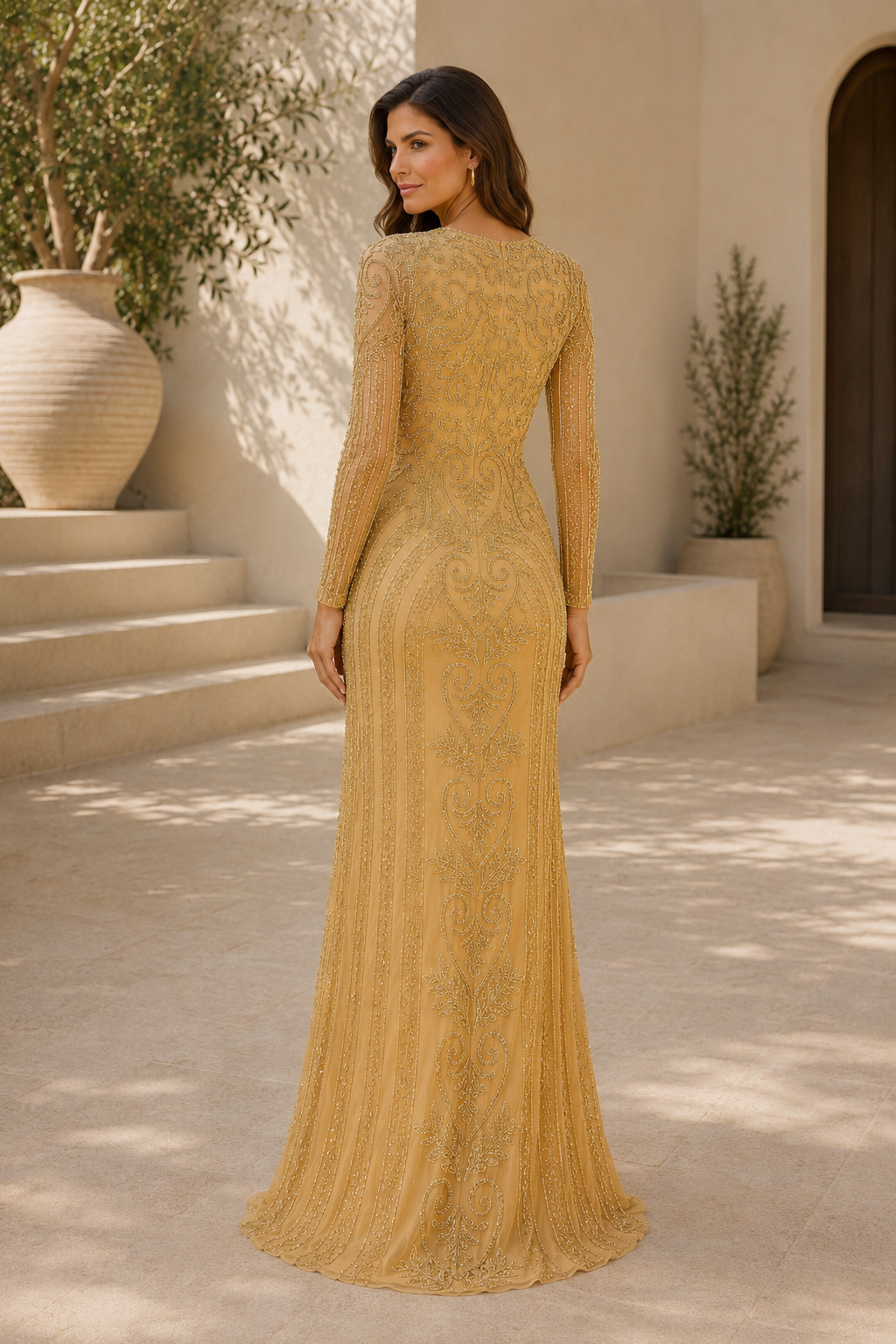 Beaded Illusion Long Sleeve Mermaid Evening Gown