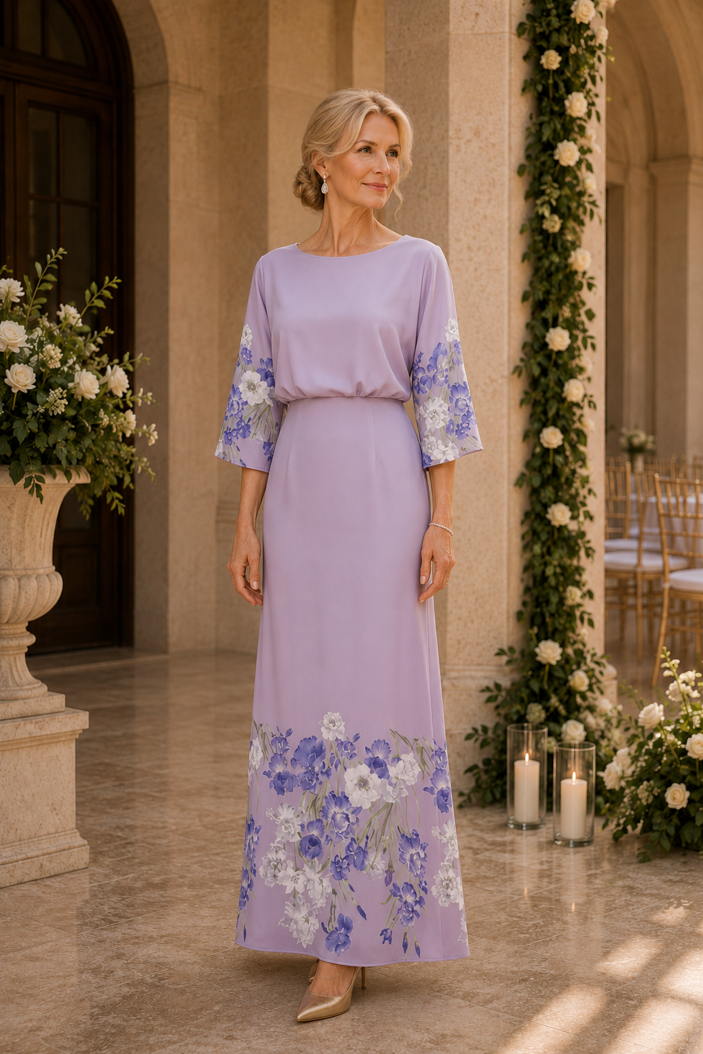 Floral Border Print Maxi Dress with 3/4 Sleeves