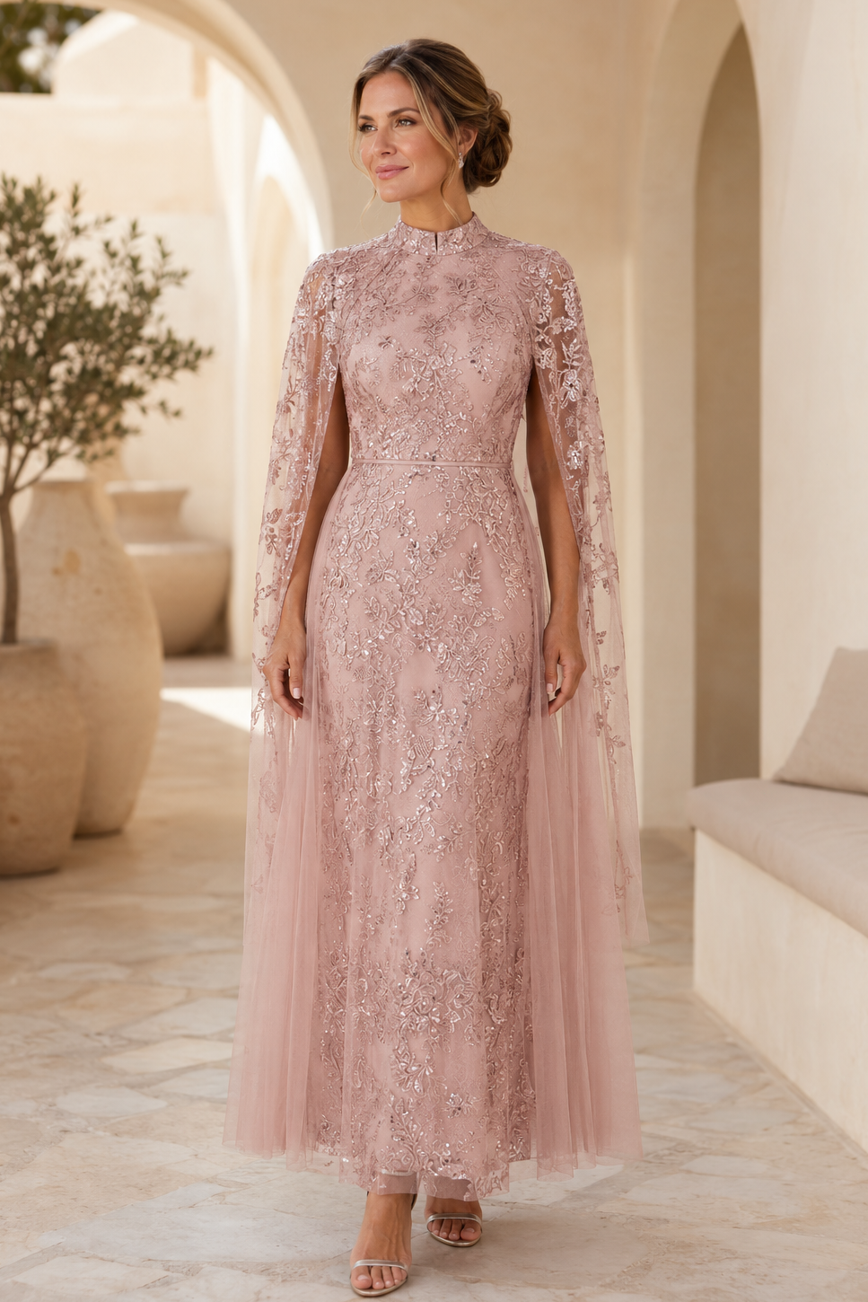 High-Neck Lace Column Evening Dress with Cape