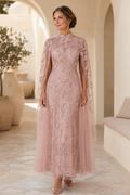 High-Neck Lace Column Evening Dress with Cape