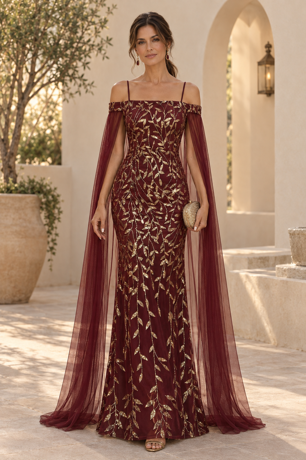 Sequin Leaf Off-Shoulder Gown with Cape Sleeves