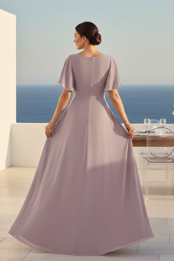 Embroidered A-Line Gown with Flutter Sleeves