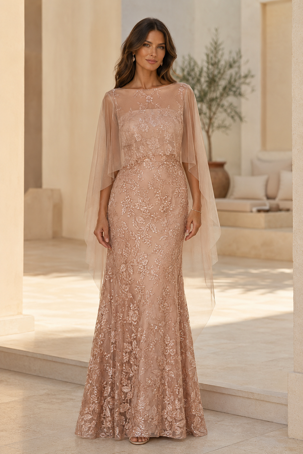 Illusion Neckline Cape Sleeve Floral Lace Mermaid Gown