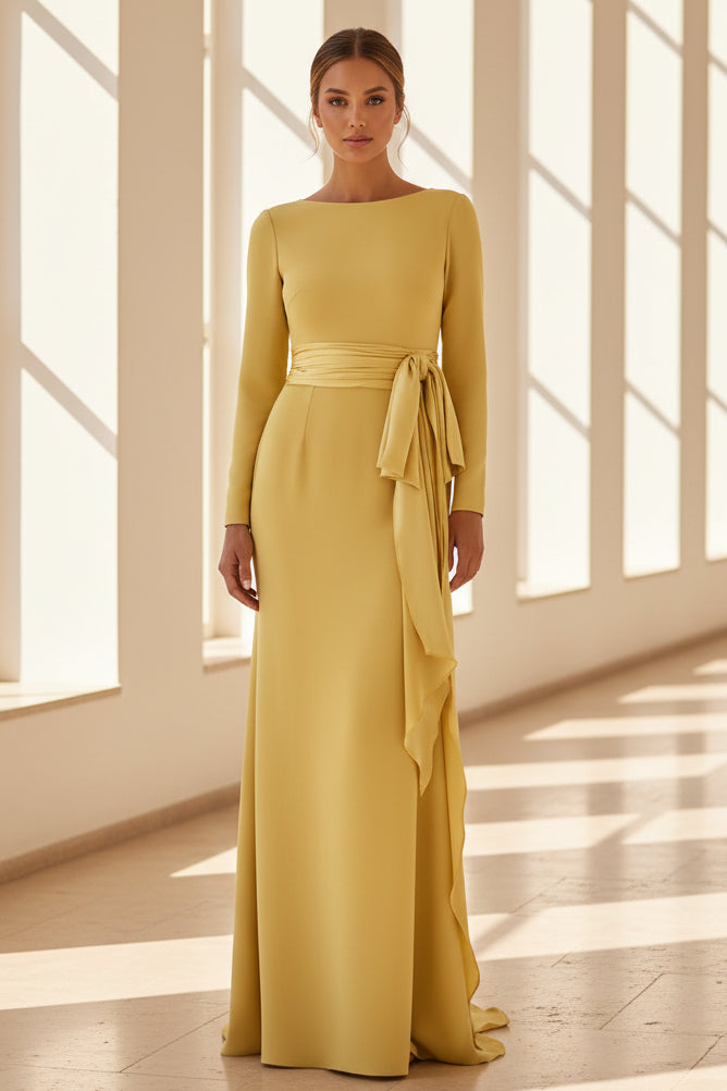 Elegant Long Sleeve Column Evening Gown with Side Bow