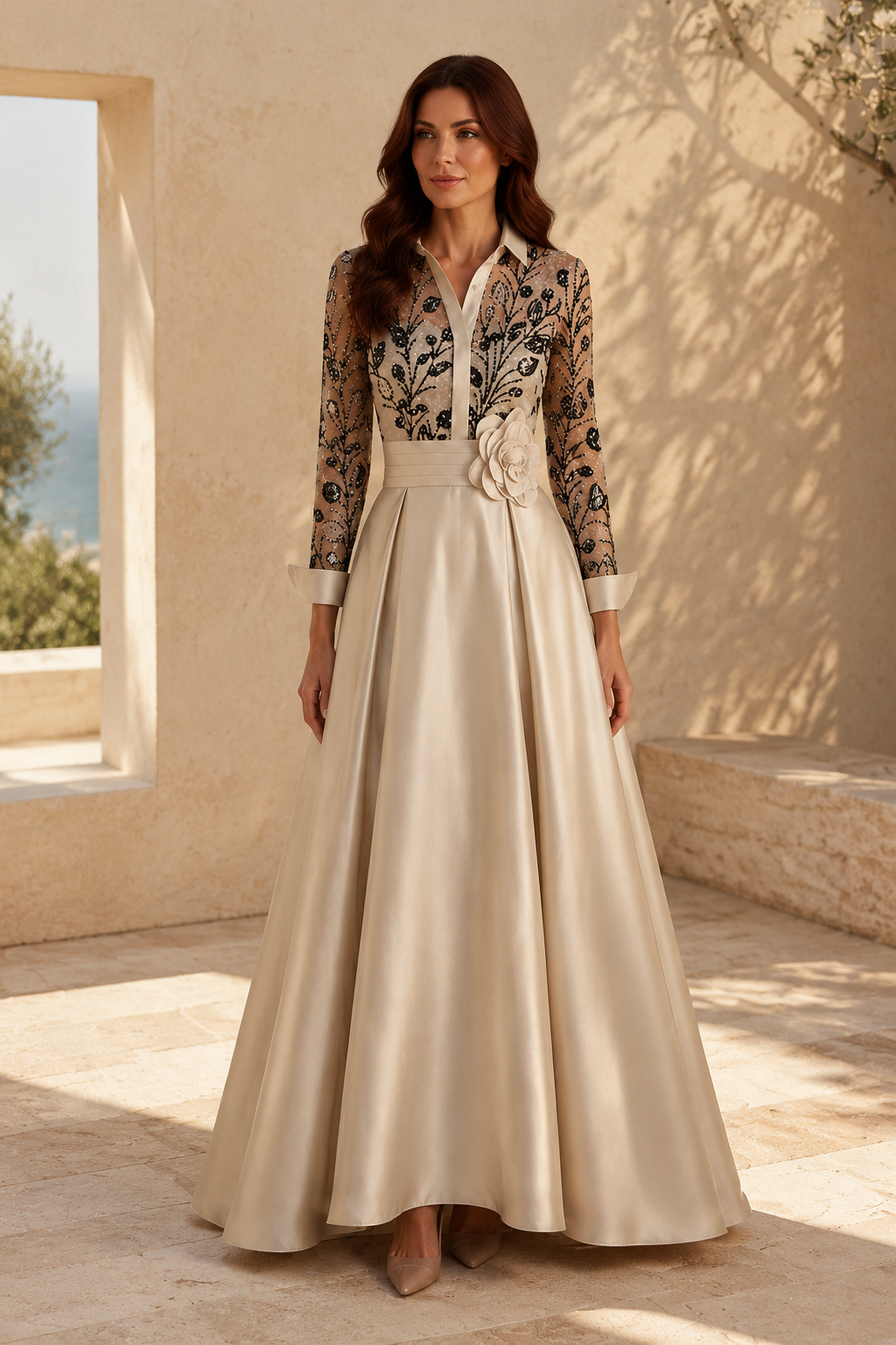 Beaded Shirt-Collar A-Line Gown with 3D Floral Waist