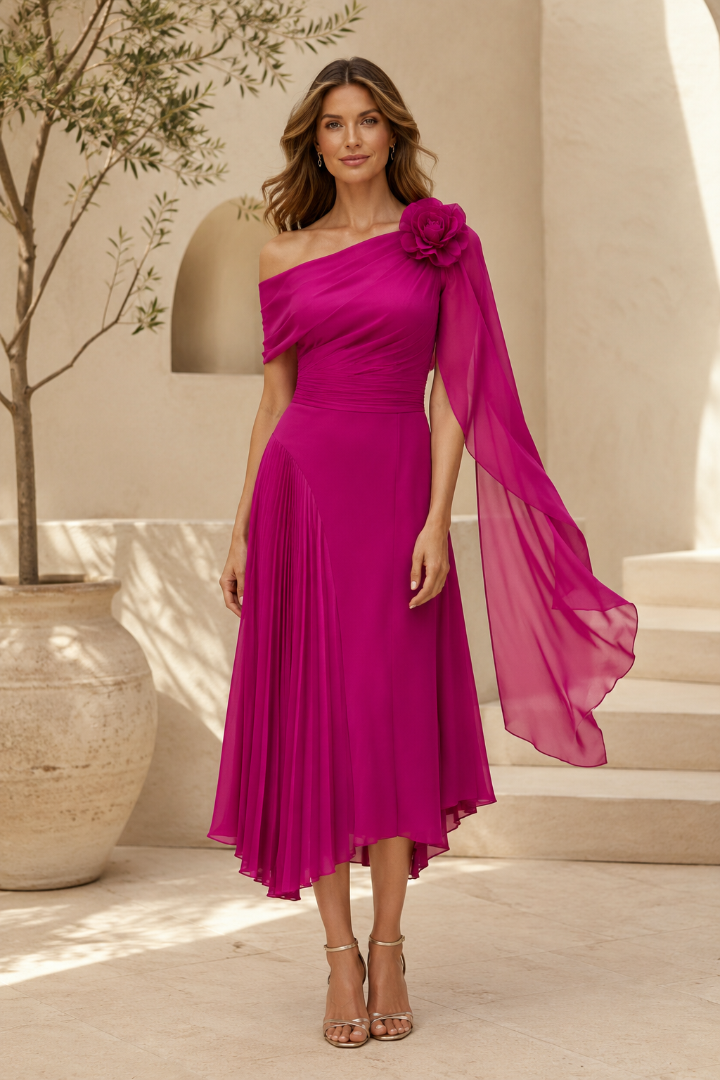 One-Shoulder Floral Midi Dress with Cape
