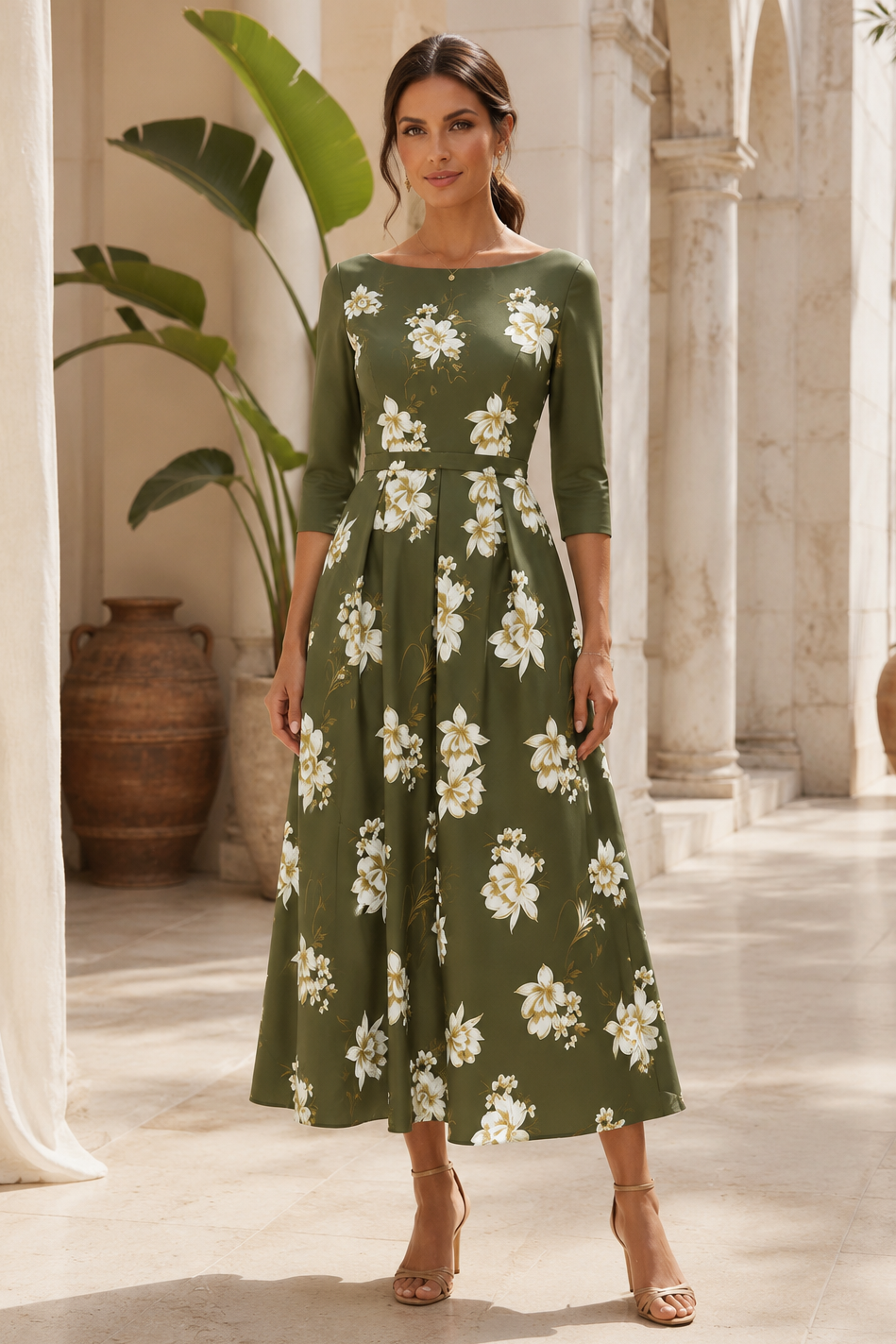 Floral Print Bateau Neck A-Line Midi Dress