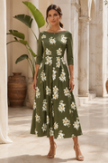 Floral Print Bateau Neck A-Line Midi Dress