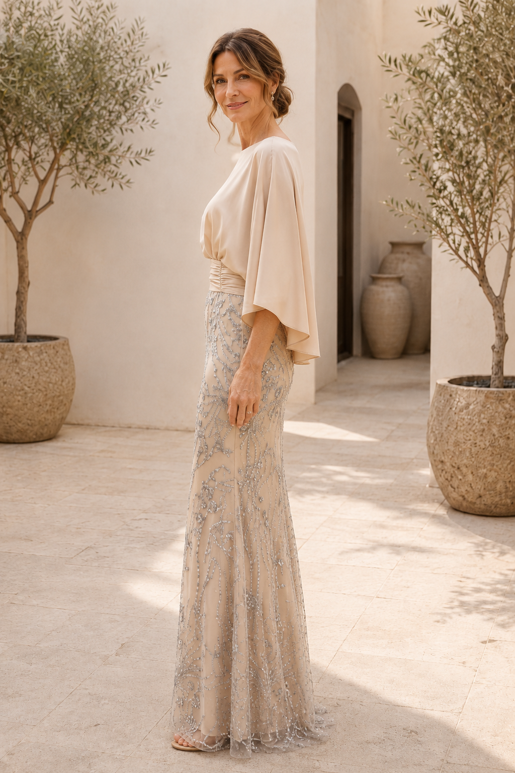 Bateau Neck Gown with Cape Sleeves and Sequin Skirt