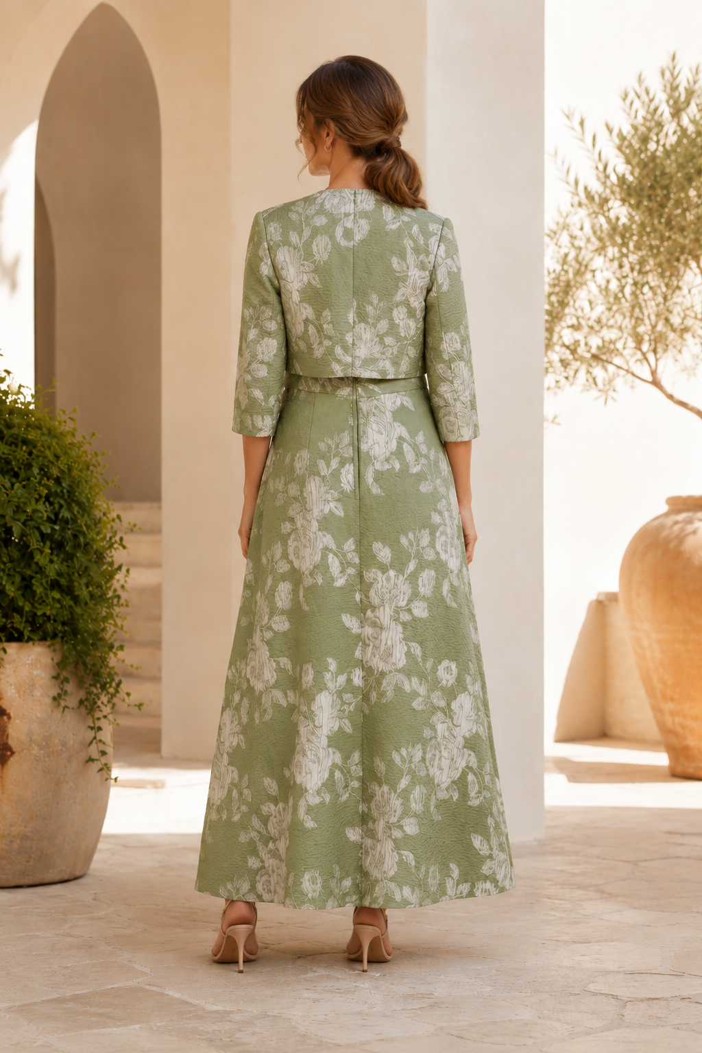 Floral Jacquard A-Line Maxi Dress with Cropped Jacket Set
