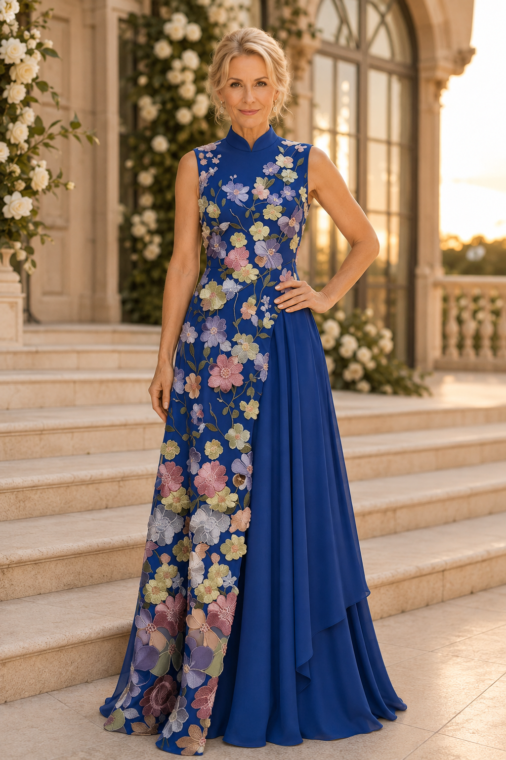 High-Neck Floral Embroidered A-Line Evening Gown