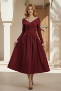 Off-the-Shoulder Long Sleeve Satin Midi Dress