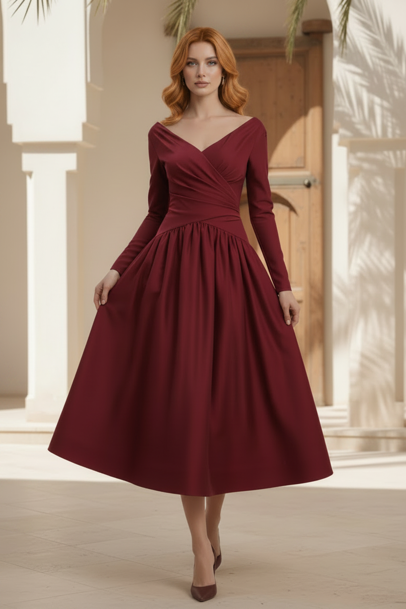 Off-the-Shoulder Long Sleeve Satin Midi Dress