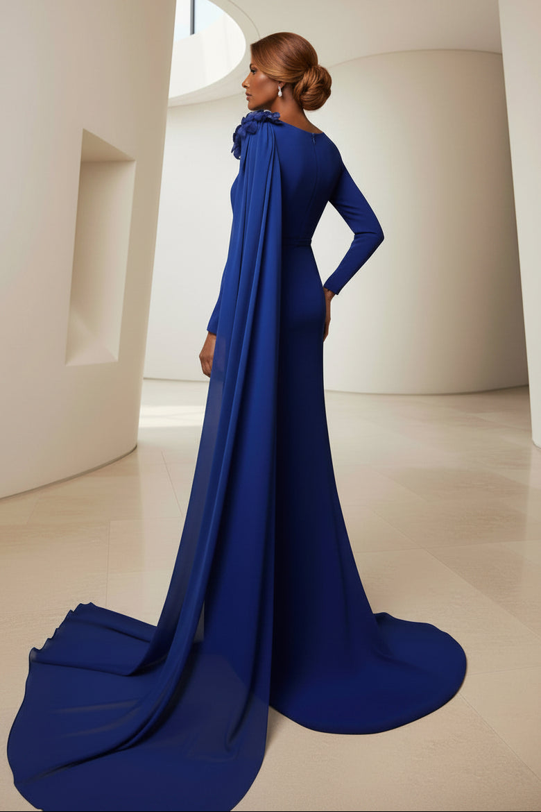 Long Sleeve Column Gown with Chiffon Cape