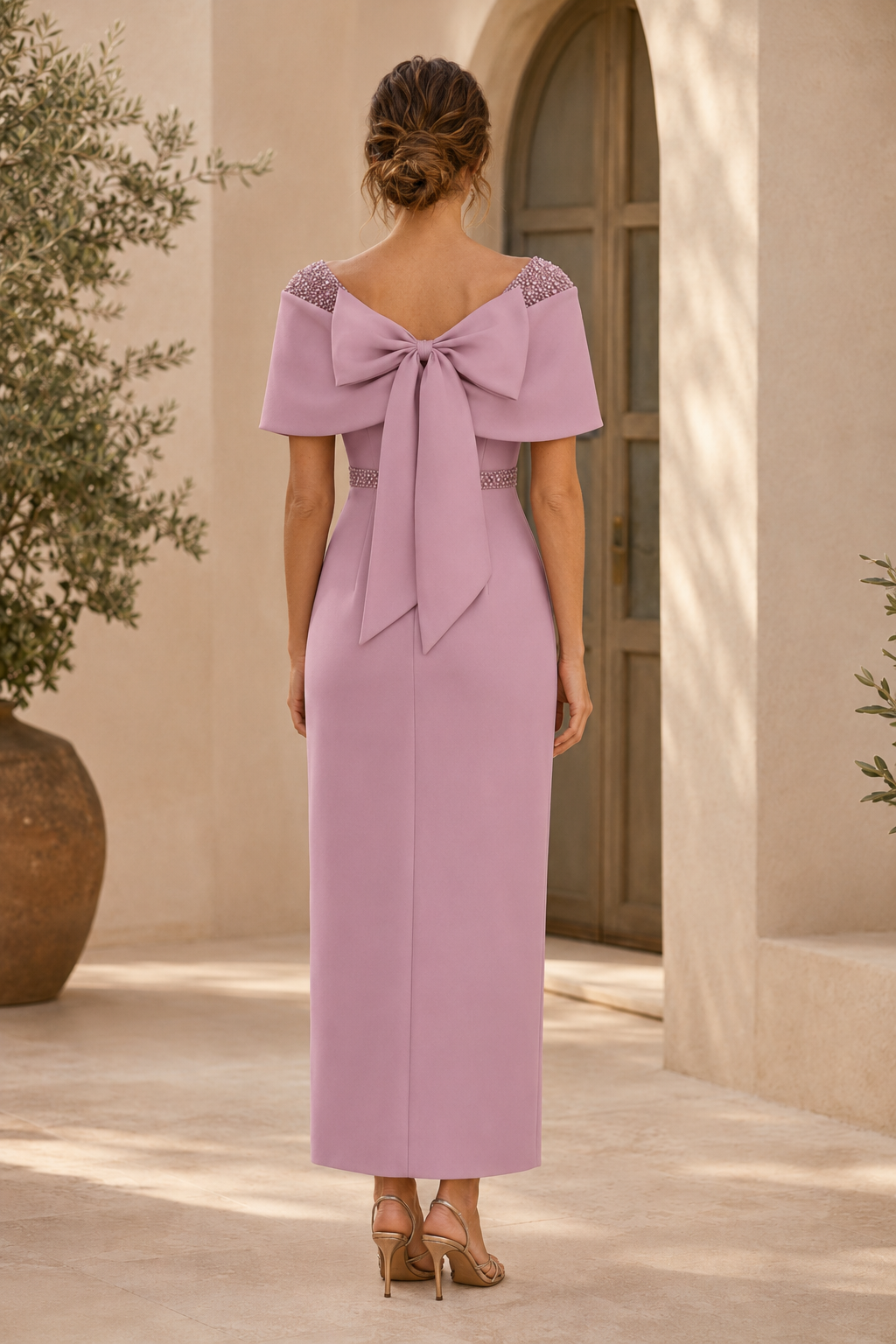 Bow Back Column Dress with Beaded Waistband
