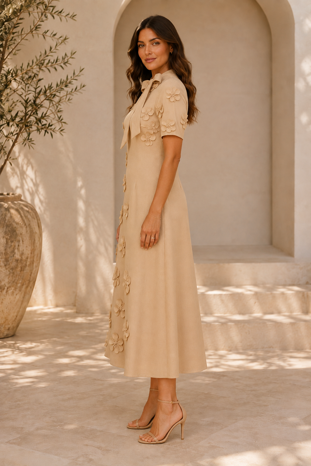 Tie-Neck 3D Floral Applique Midi Dress
