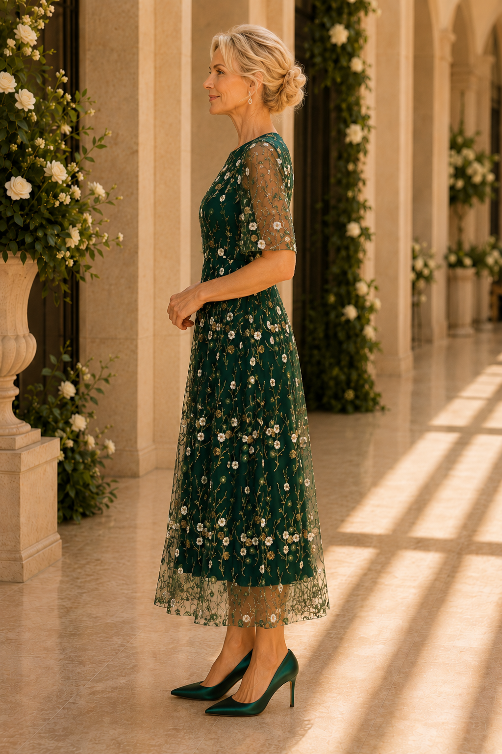 Floral Embroidered Flutter Sleeve Midi Dress