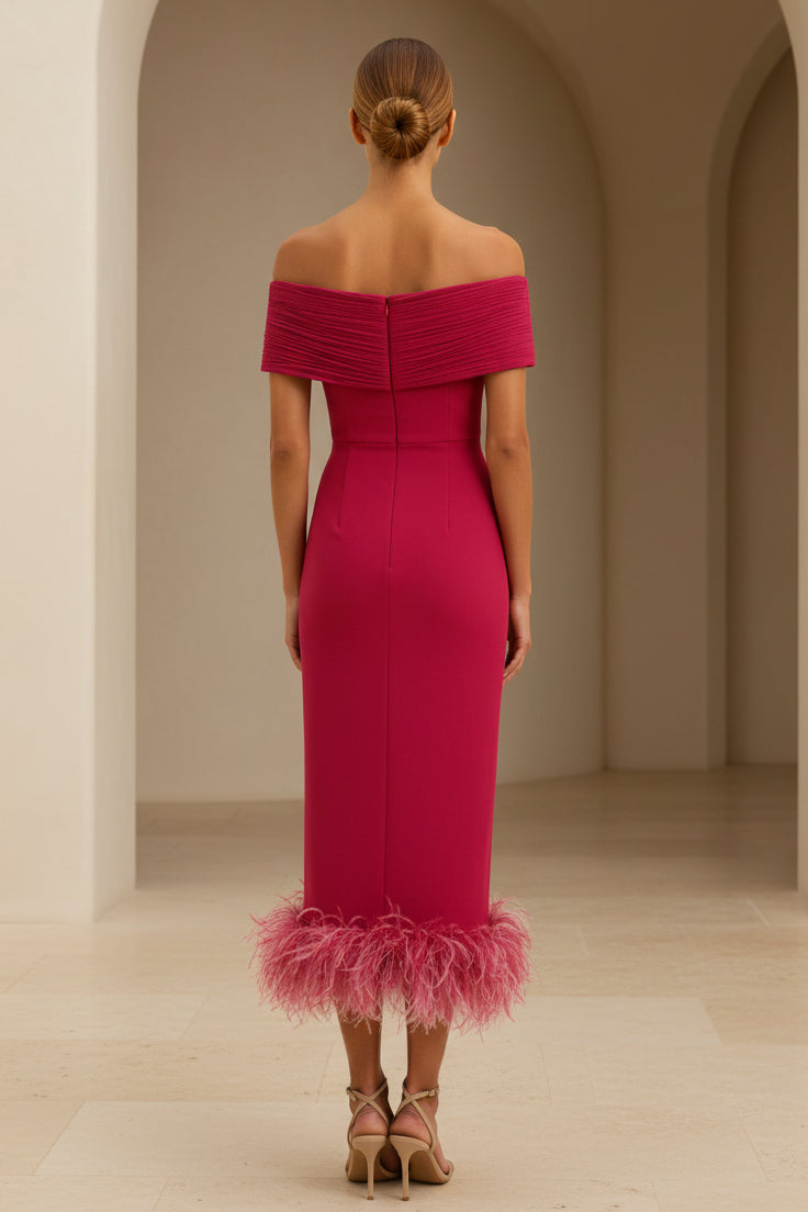 Off-the-Shoulder Pleated Midi Dress with Feather Hem
