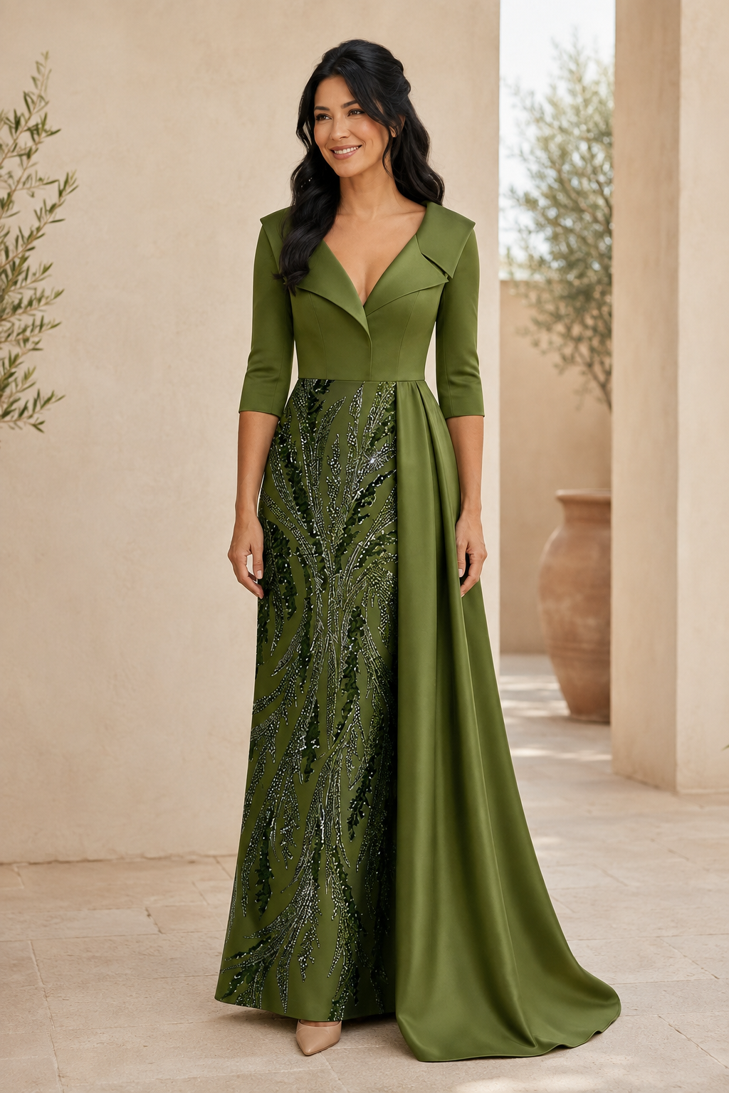 Sequin & Satin Evening Gown with Folded Collar