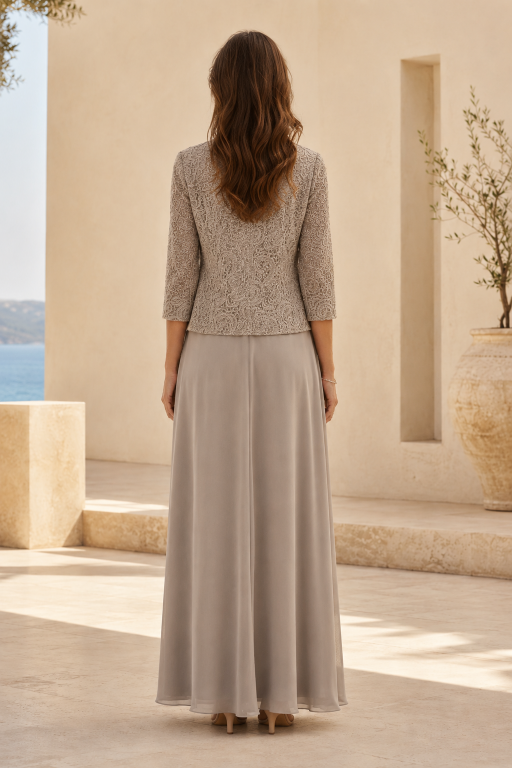 Lace Jacket & Chiffon A-Line Evening Gown