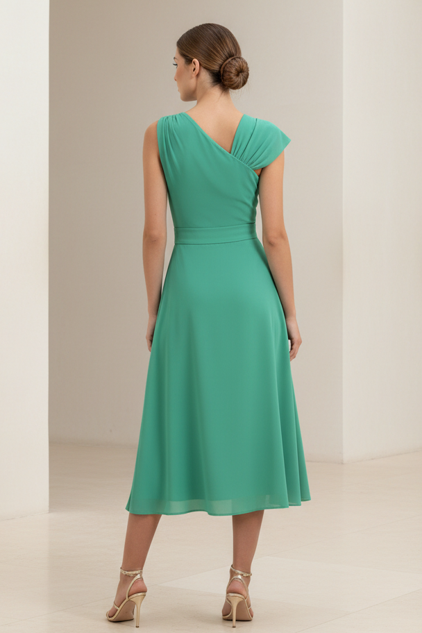 One-Shoulder Pleated A-Line Midi Dress