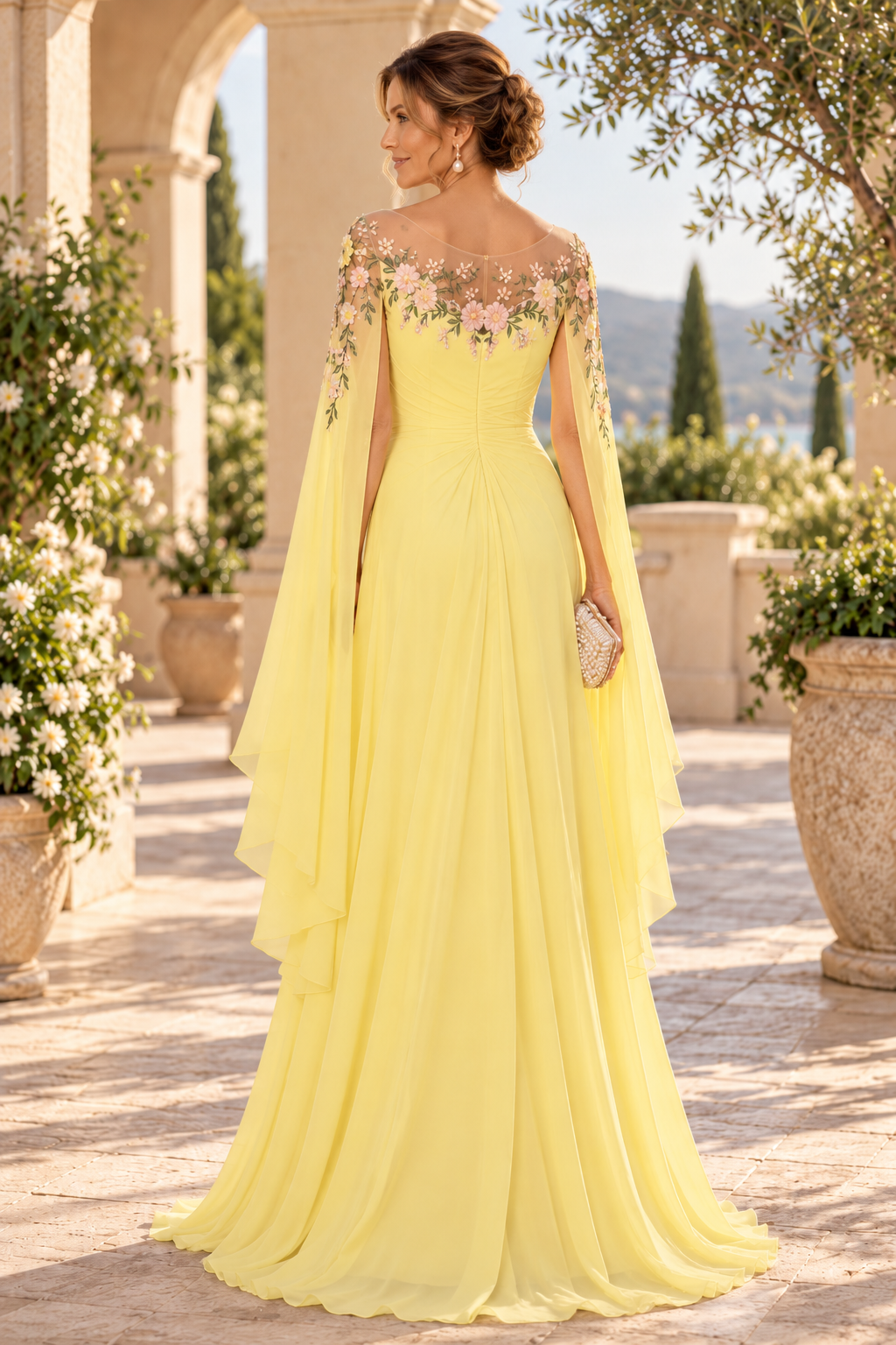Floral Embroidered Capelet Evening Gown