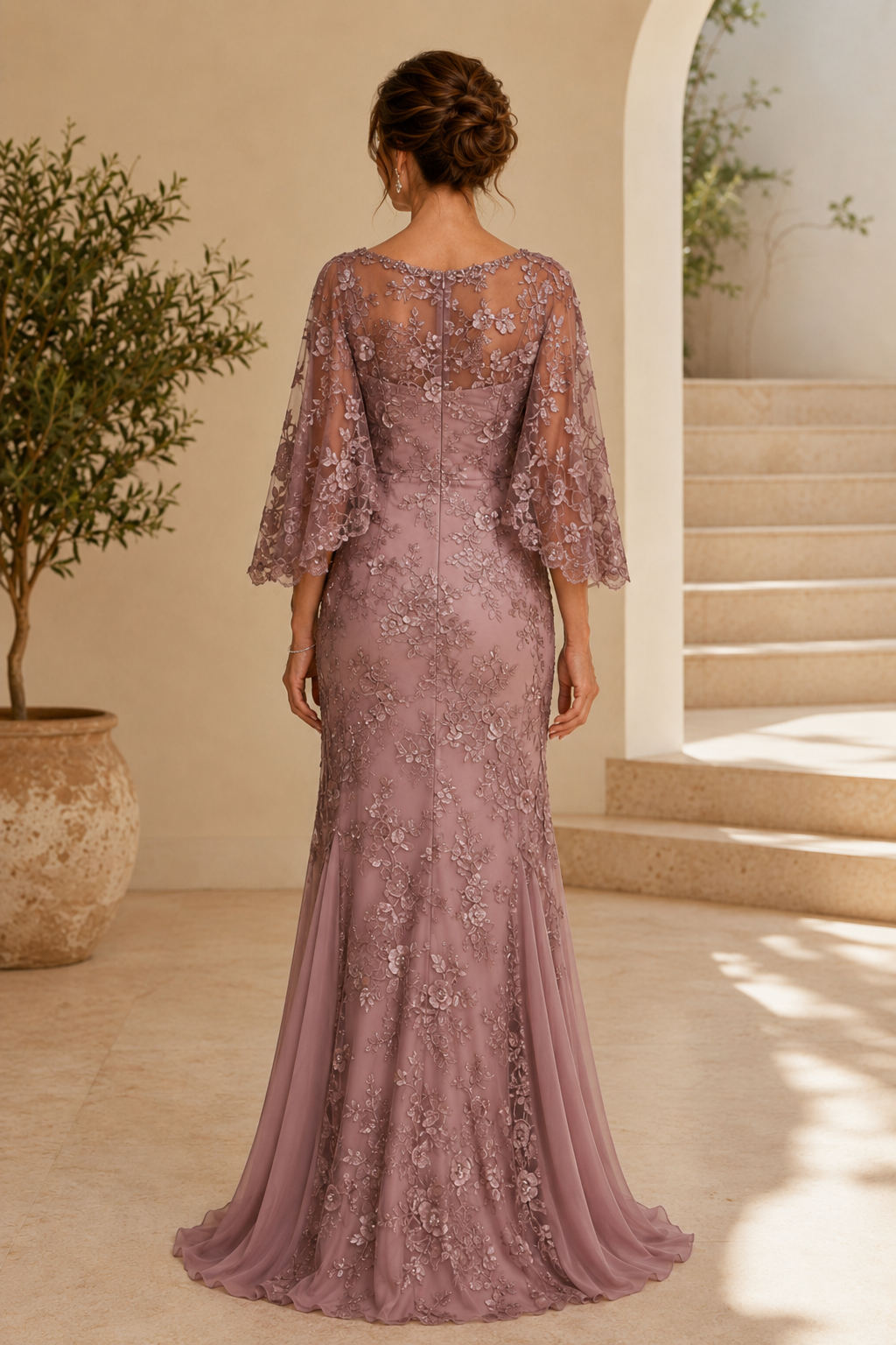 Embroidered Capelet Trumpet Gown