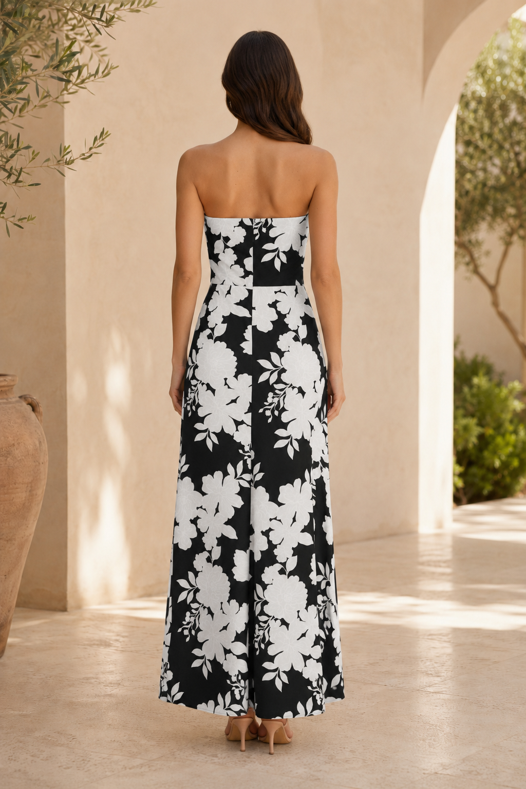 Strapless Floral Print Ruffle Maxi Dress