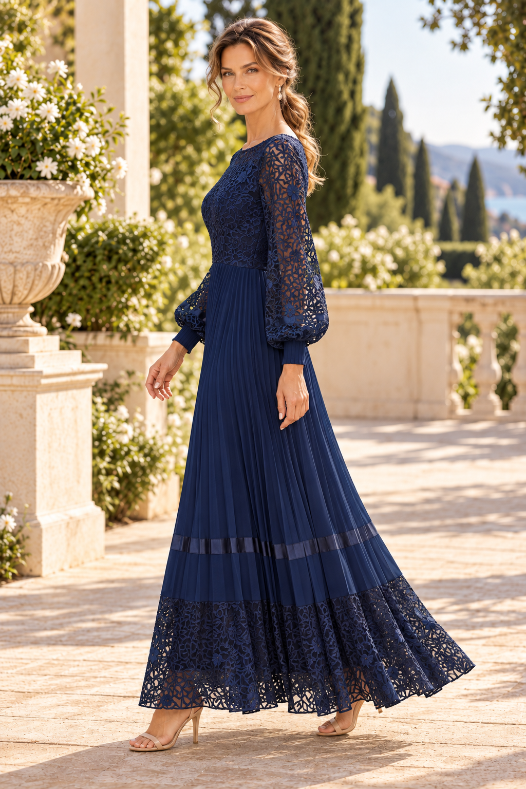 Pleated Maxi Dress with Lace Bodice and Sleeves