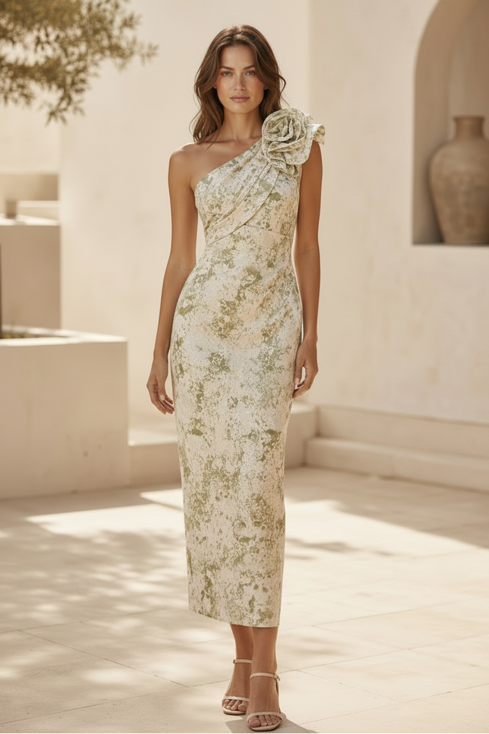 One-Shoulder Floral Jacquard Tea-Length Dress