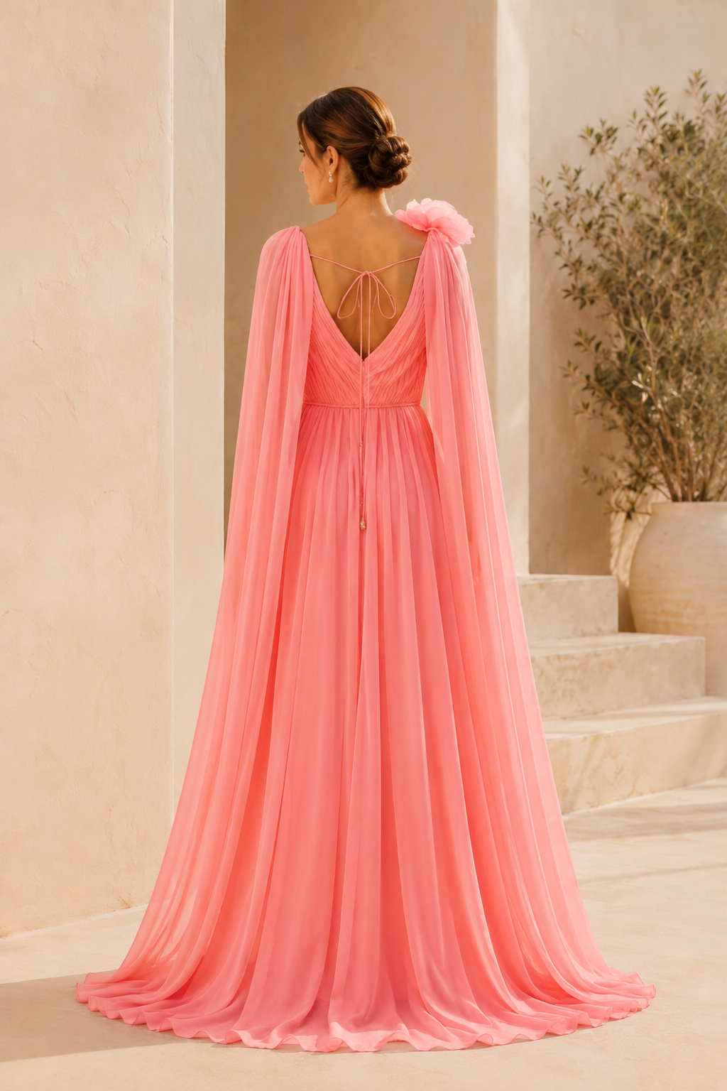 Cape Sleeve Chiffon Gown with 3D Flower Detail