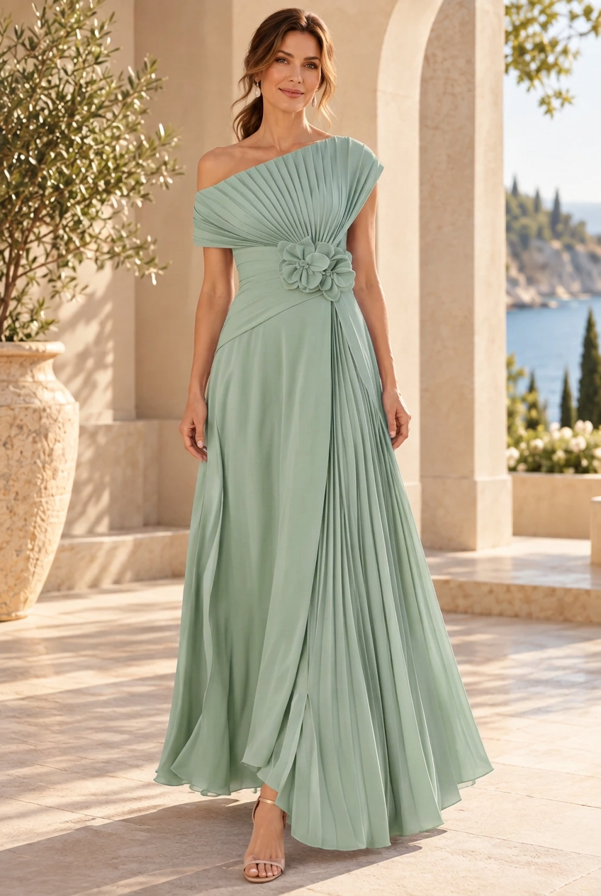 One-Shoulder Pleated Maxi Gown with 3D Flower