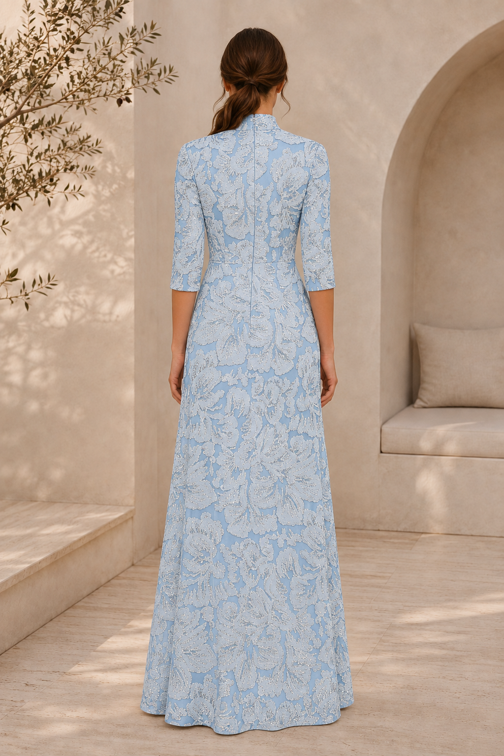 High-Neck Floral Jacquard Gown with 3/4 Sleeves