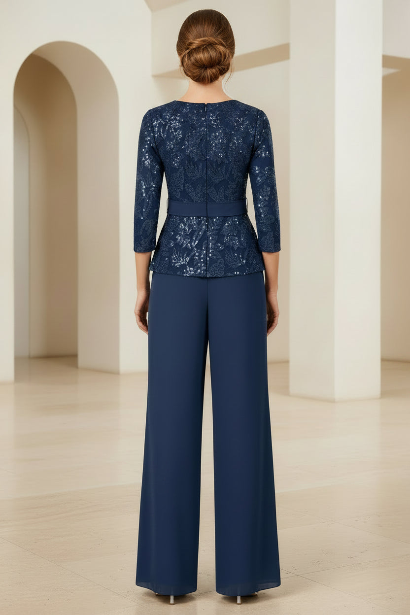 Sequined Lace Two-Piece Pantsuit with Wide-Leg Pants