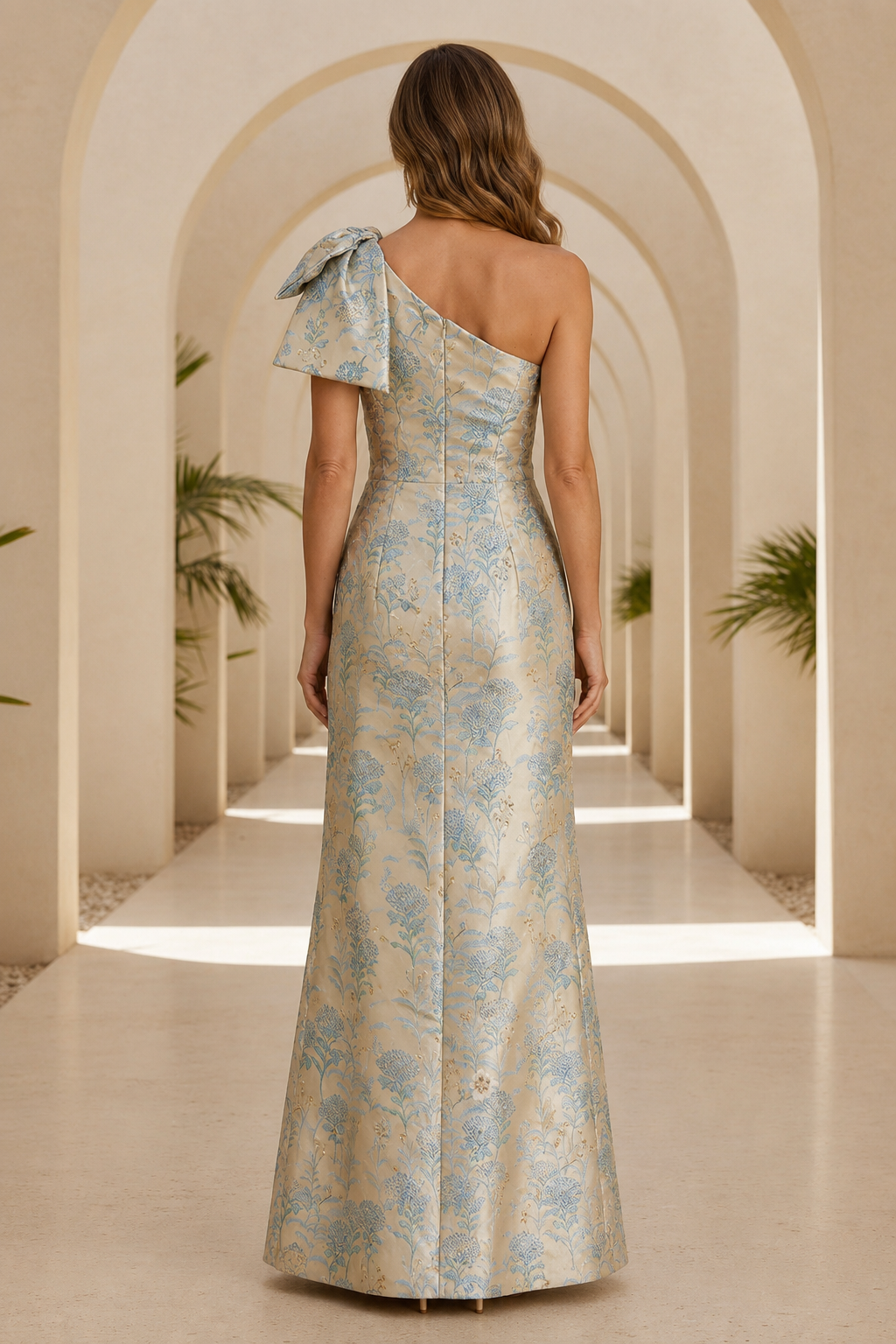 One Shoulder Floral Jacquard Gown with Bow Detail