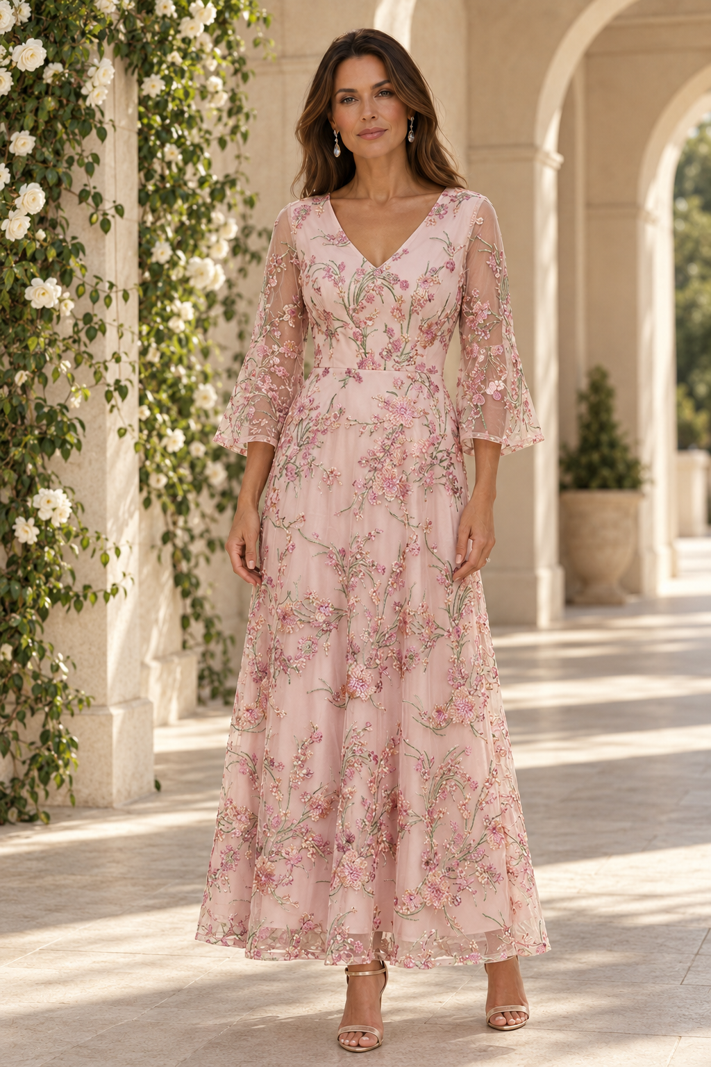 Embroidered Floral A-Line Dress with Bell Sleeves
