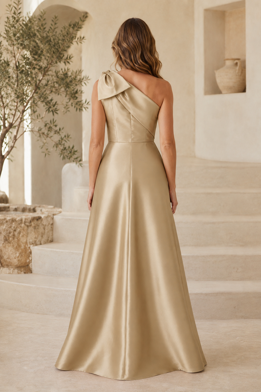 One-Shoulder Bow A-Line Satin Gown