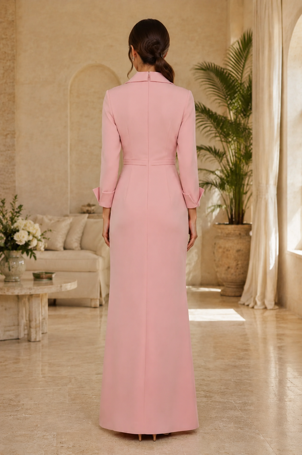 Long-Sleeve Wrap Gown with 3D Flower Waist Detail