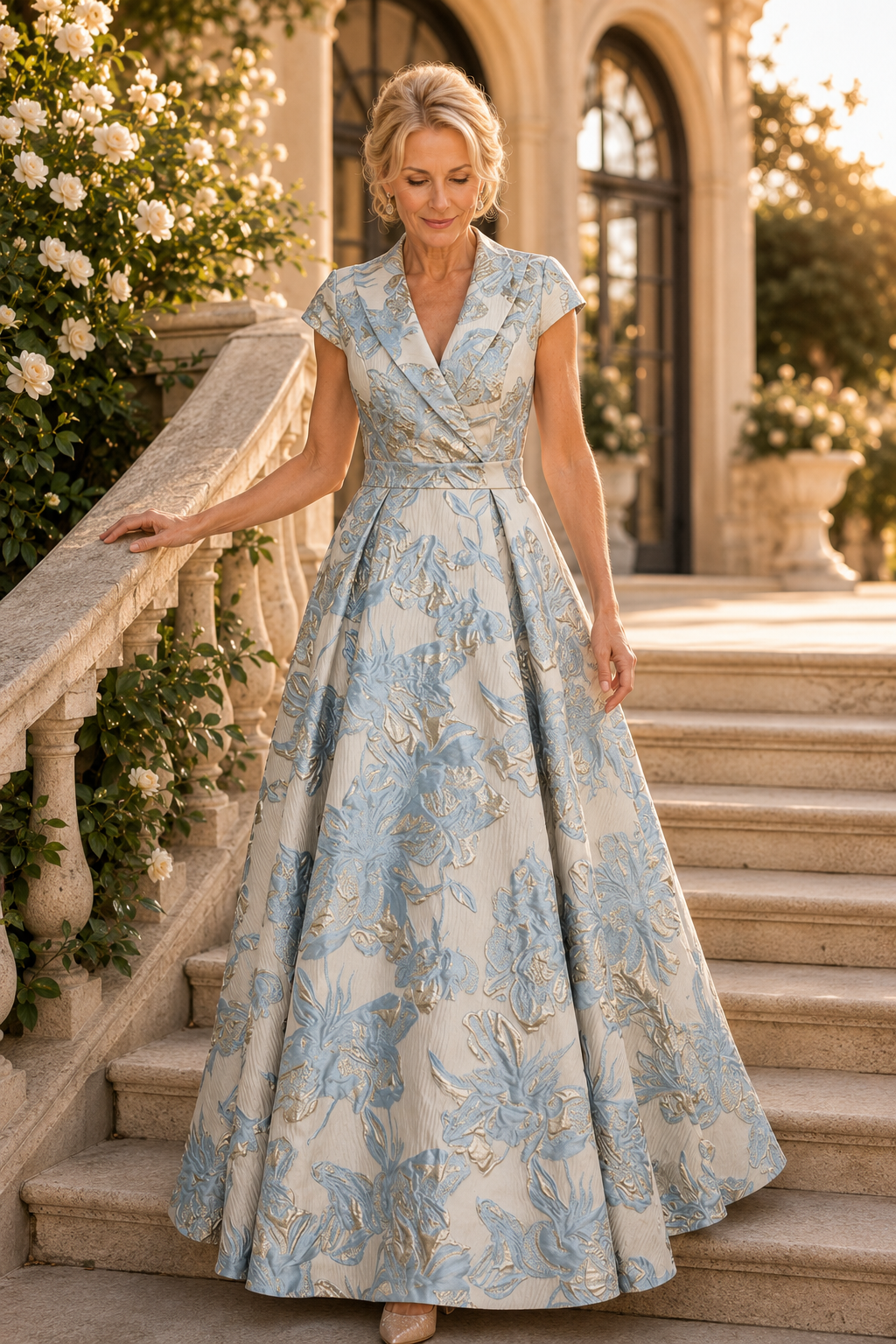 Floral Jacquard Cap Sleeve A-Line Gown