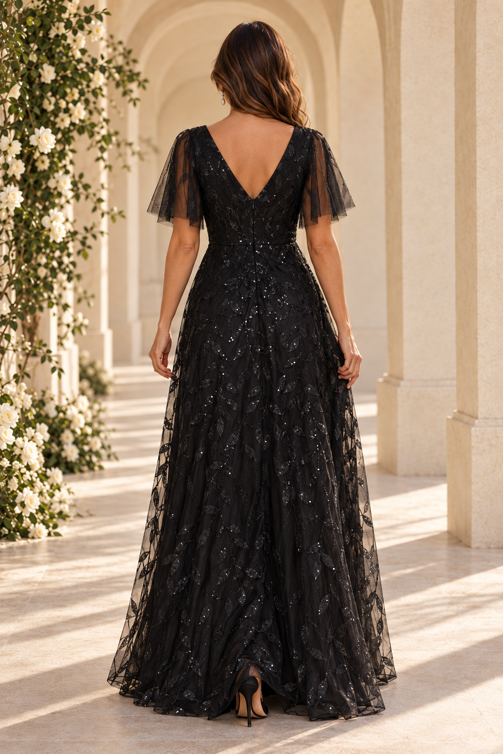 Sequin Leaf Flutter Sleeve A-Line Gown with Slit