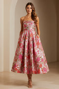 Strapless Floral Jacquard Midi Dress with Pockets