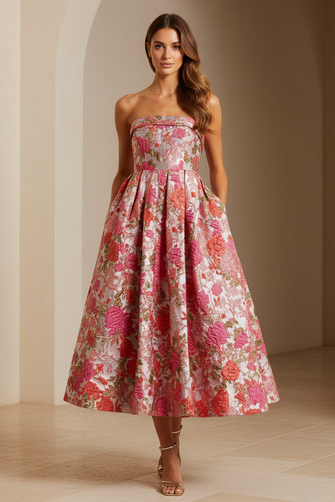 Strapless Floral Jacquard Midi Dress with Pockets
